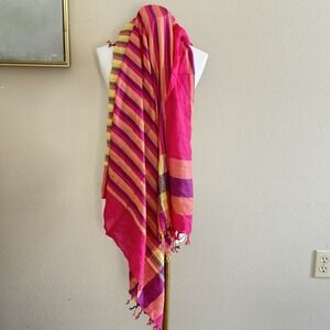 Boho Scarf Hot Pink Purple Madras Cotton Fringe Stripe Festival Hippie India New